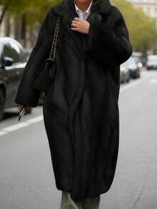 秋冬新款纯色宽松长款仿皮草外套，保暖加厚绒毛女式夹克 - 黑色 - 查看 4