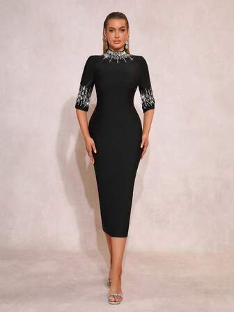Modphy Fashion Half Sleeve Heavy Industry Handmade Nail Diamond Bodycon Midi Dress Elegant Women's Formal Party Gown For Wedding Guest, Holiday, Special Occasion