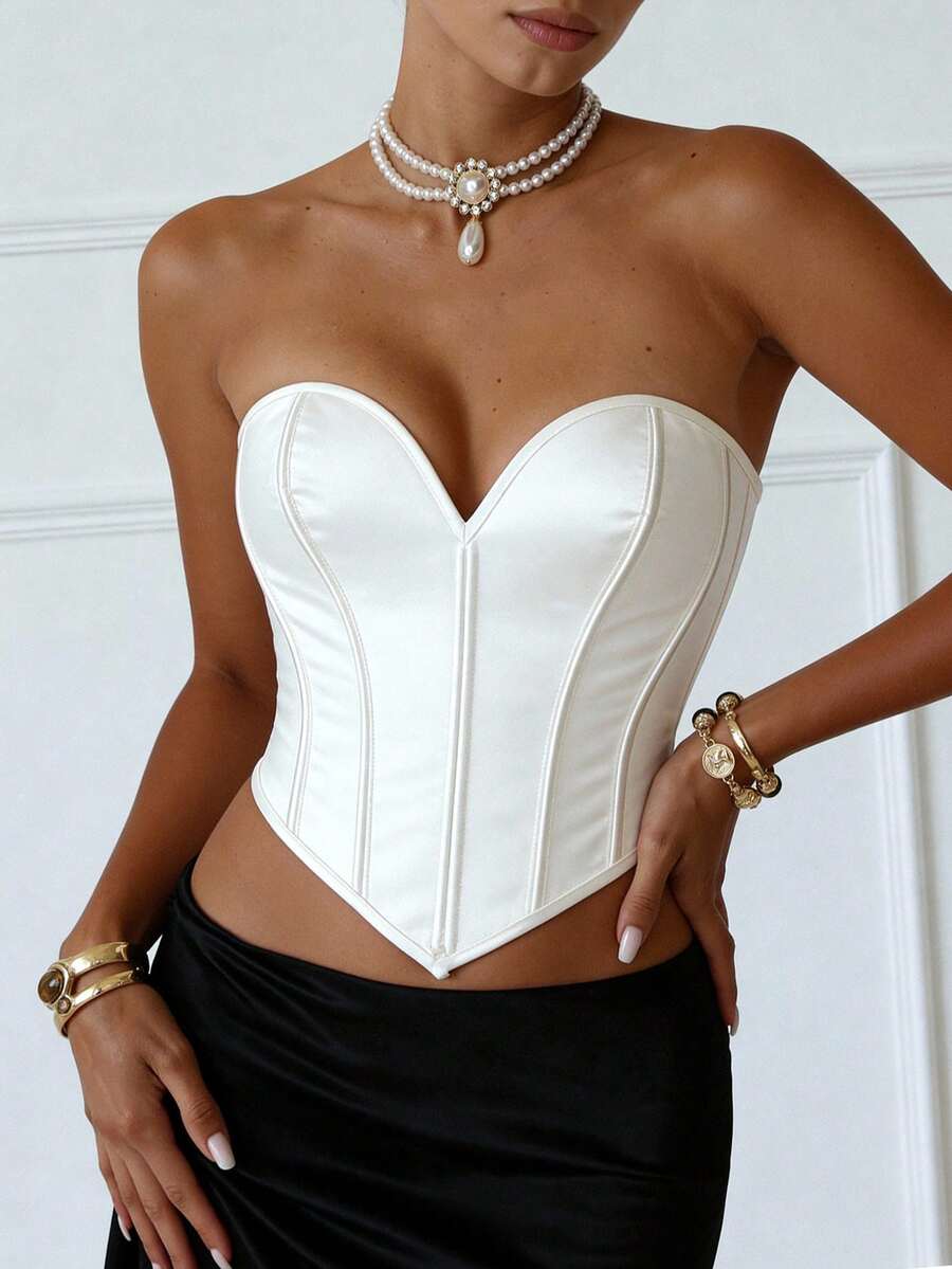 Áo corset trắng gợi cảm, thanh lịch, có gọng và dây buộc phía sau, phù hợp cho hộp đêm, hẹn hò, lễ hội âm nhạc, áo định hình dáng người dáng ngắn.
