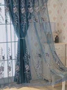 1pc European Palace Style Embroidered Double-Layer Blackout Curtain, Featuring Intricate Floral & Scroll Patterns With Gold Thread Embroidery, Pearl Decorations, Top Hanging Rings, Suitable For Bedroom, Balcony And Decorative Windows - Multicolor - View 4