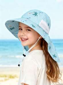 1pc Kids Sun Hat With Neck Protector (Unisex) - Wide Brim UV Protection Bucket Hat, Breathable Mesh Outdoor Beach Hat, Suitable For Children In Summer - Printed Bucket Hat - View 10