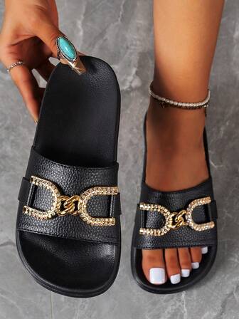 Sandalias planas de mujer con decoración de metal, versátiles y casuales, de punta abierta y de fácil deslizamiento, adecuadas para el hogar, vacaciones, primavera/verano