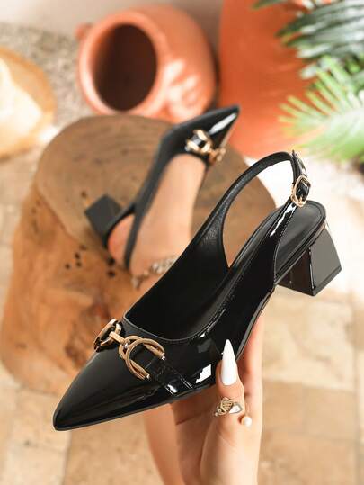Women's Elegant Pointed Toe High Heel Sandals, Outdoor Glossy Leather Backstrap Chunky Heel Mules, Black Work Shoes
