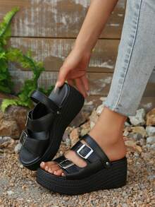 美式街头风黑色厚底坡跟凉鞋，金属搭扣带厚底罗马鞋 - 黑色 - 查看 2