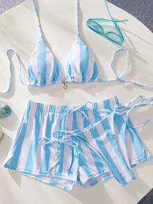 3pcs Women Swimsuit Bikini Set, Retro Light Blue & White Striped Beach Shorts/Cover Up/Holiday Outfit - Blue and White - View 5