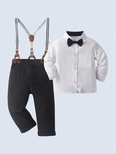 BOARNSEORL 2pcs Young Boys Gentleman Outfit - White Long Sleeve Shirt With Bowknot And Suspender Pants, Fashionable, , Elegant, Suitable For Birthday Party, Formal Occasion, Wedding, Holiday