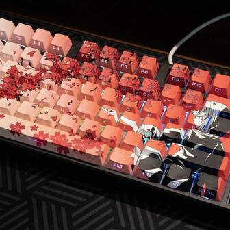 PBT材质侧刻半透明渐变键帽，樱花乌鸦与少女动漫键帽套装，CHERRY原厂高度，适用于MX轴体（不含键盘），热升华工艺