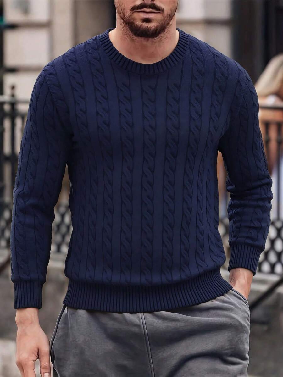 Fractyr Fractyr Men's All-Match Solid Color Twist Floral Crew Neck Sweater, Casual Versatile Long Sleeve, Autumn/Winter - Navy Blue - View 1