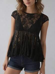 Women's Elegant Round Neck Short Sleeve Sheer Lace Blouse, Solid Color Lace Sheer Elegant For Daily Wear And Dates, Spring/Summer Black - Black - View 4