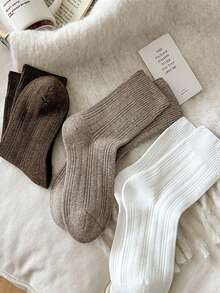 4 pares de calcetines de media caña versátiles de estilo retro de unicolor y a rayas para mujer, aptos para uso diario - Multicolor - Ver 3