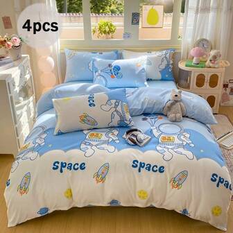 4pcs Bedding Set, Cute Astronaut Space Print Duvet Cover, Breathable Polyester Bedding Set, Suitable For Children, Teens, Adults, All Seasons, Includes 1 Duvet Cover (No Filling), 1 Bed Sheet, 2 Pillowcases (No Filling)