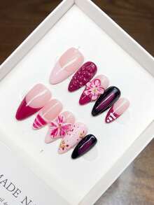 Pure Handmade Wearable Nails With Almond Nail Shape, 3D Tropical Floral Carving Design Autumn And Winter Nails, Hand-Painted Gradient Tie-D Luxury Handmade Wearable Nails, Y2K, Minimalist Design Nails, Full Coverage Fake Nails, Y2K Nails, Embossed Nails, Unique And Niche Creative Fake Nails, Nails, Daily Use. - Multicolor - View 14