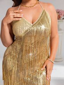 CHOSMO Plus Size Sequin Elegant Romantic Sexy Backless Sequin Patchwork Tassel Women's Dress, Suitable For Beach, Evening Date, Wedding, Party, Birthday, Anniversary, Graduation, Family Music Festival, Holiday Date, Cocktail, Formal Dinner, Photoshoot, Wedding Guest, Prom, Homecoming, Single Party, Travel, Stage And Concert, Fall Women Clothes - Gold - View 6
