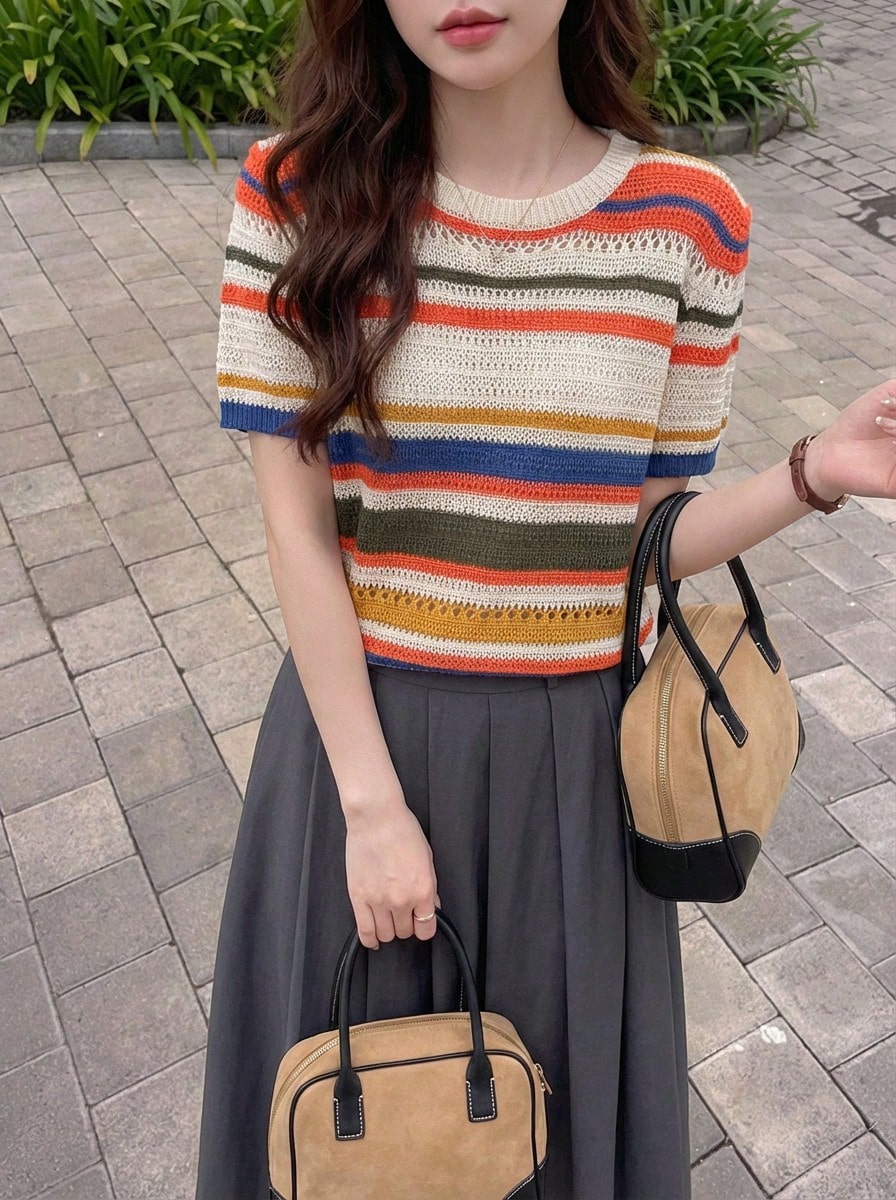 Rikumo Women's Casual Colorful Striped Crew Neck Short Sleeve Top, Summer Winter - Multicolor - View 1