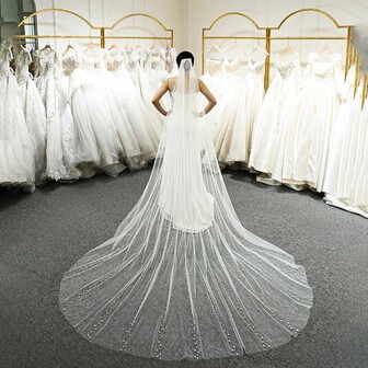 1pc Luxury Pearl Beaded Cathedral Bridal Veil With Train, Wedding Accessory