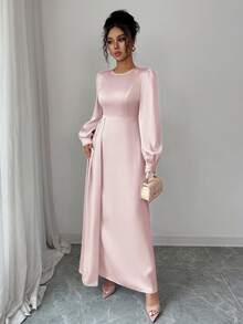LilyHouse 优雅纯色缎面圆领长泡泡袖褶皱女士长款连衣裙，适合派对和晚宴 - 粉色 - 查看 5