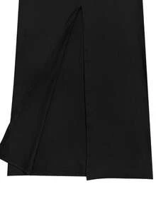 Einfarbiges Kleid mit Rundhalsausschnitt, Langarm, transparent, sexy mit Strass, elegant mit Schlitz, glamourös für Geburtstagsfeiern, Hochzeiten, formelle Abendessen, Silvester, Valentinstag, Schwarze Frühlingsparty - Schwarz - Übersicht 9