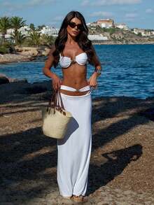 Women's Summer White Strapless Long Dress Bikini Set With Metal Decor, Cutout Waist Design Beach Swimsuit With Metal Accents, Perfect For Spring To Summer, Spring Outfits, Valentine, Ramadan, Carnivals, Festivals, Weddings, Gatherings, Holiday Outfits, Outdoor Activities, Summer Parties, Carnival, Romantic Dates, Fashion Design, Unique Style, Casual, Bohemian Style, Travel & Daily Wear - White - View 8