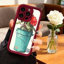 Cubierta de telefono con borde negro para iPhone 14 Pro Max con estampado de cubo turquesa con rosa roja y hojas verdes ideal para uso diario y estilo elegante - Café integral - Ver 5
