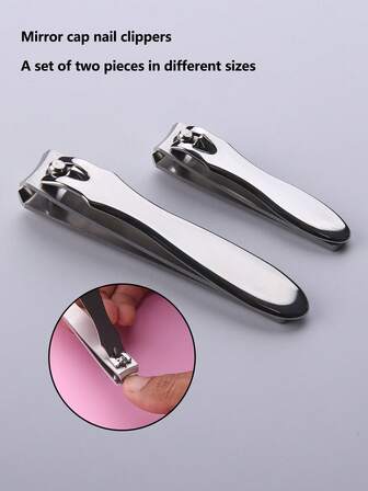 2pcs Silver Mirror Finish Nail Clipper Set, Large & Small Straight Edge Manicure Tools For Home And Travel Use