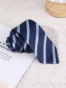 1pc 7cm Width Jacquard Woven Navy Blue Striped Business Necktie - Multicolor - View 1