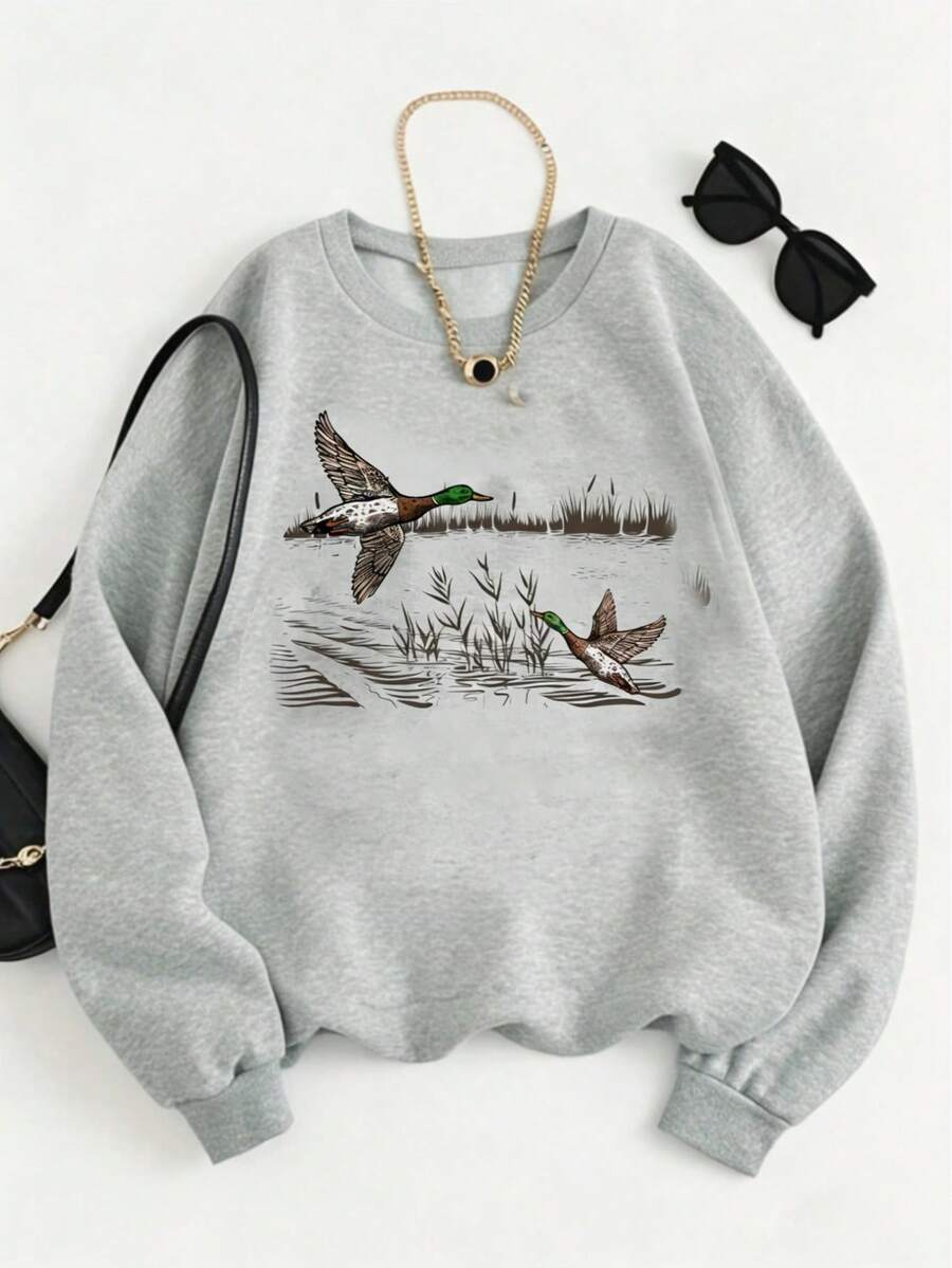 Women's Casual Loose-Fitting Crew Neck Long-Sleeved Sweatshirt ,Christmas Sweatshirt,Christmas Outfit Women,Winter Clothes For Women,With Duck Animal Print, Autumn Clothing Blusas Bonitas De Mujer Cruise Outfit For Women Going Out Tops Women - 淺灰色 - 查看 1