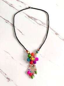 1pc Elegant Sexy Bohemian Bell, Pebble, Teardrop Turquoise Beads, Golden Seed Bead DIY Handmade Flower Tassel Pendant, Asymmetric Geometric Wave Circle Pendant With Colorful Acrylic Plate, Golden Chain Tassel Pendant Long Necklace, New Ruby Pendant Long Necklace, Women Autumn/Winter Sweater Necklace, Suitable For Daily, Party, Vacation Wear - Multicolor - View 3