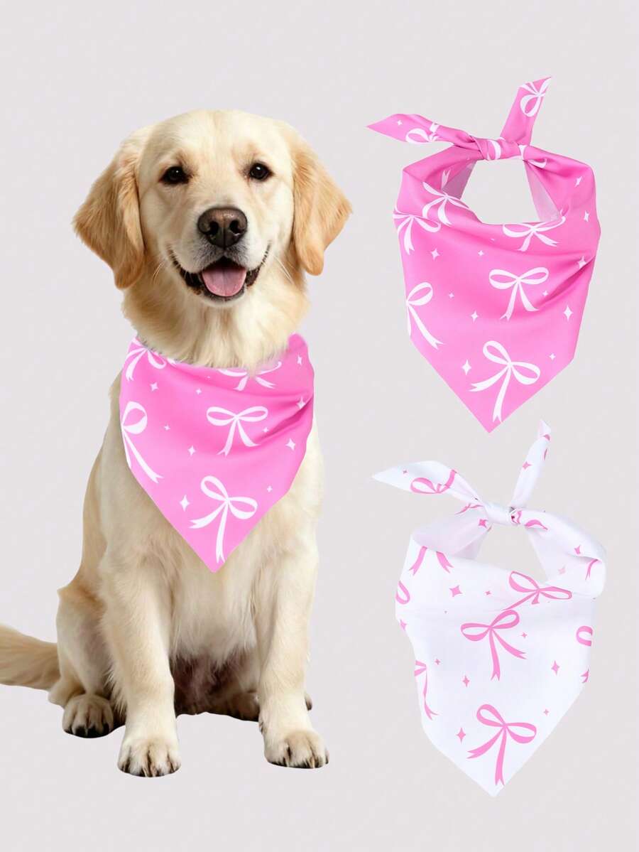 2pcs Adjustable Pet Bandana With Bowknot, Pet Scarf, Dog Headscarf, Pink Birthday Decoration, Bowknot Birthday Decoration, Pink Bowknot Decoration, Bowknot Party Decoration, Dog Supplies, Pet Accessories, Cat Accessories