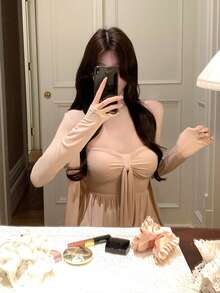 Loose Relaxed Pink Solid Strapless Backless Camisole - Pink - View 6