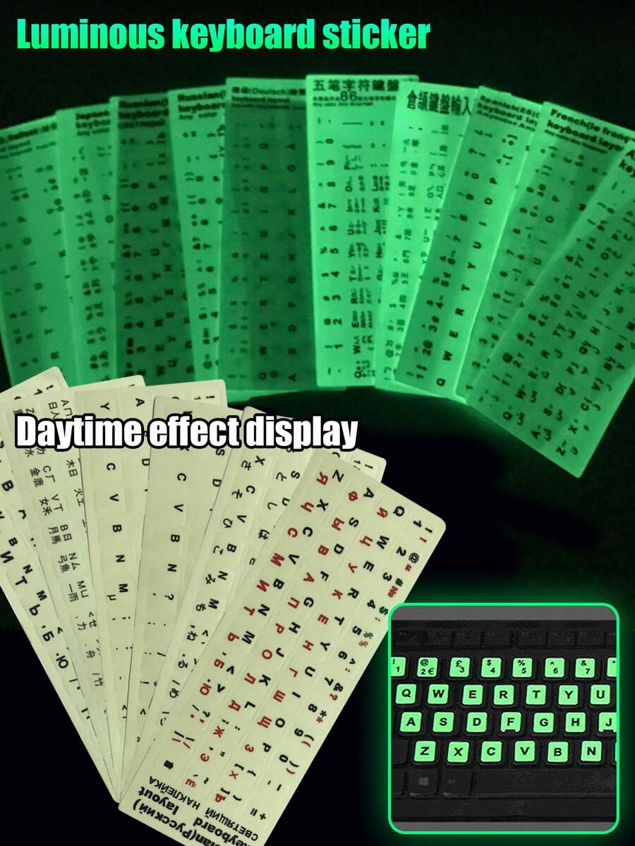 Leuchtaufkleber Nachtlicht Tastatur Aufkleber für Laptop, Desktop-Computer, Tastaturmembran, mehrsprachig, staubdicht, Tastaturschutzfolie - Universelle Version - Übersicht 1