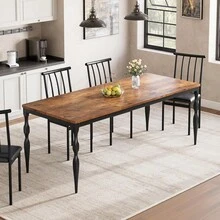 (solo mesa)  Mesa de comedor rectangular para 6 personas, mesa de cocina rústica de 71 pulgadas con tablero grande, mesa de comedor larga de madera con patas resistentes - Marrón - Ver 5