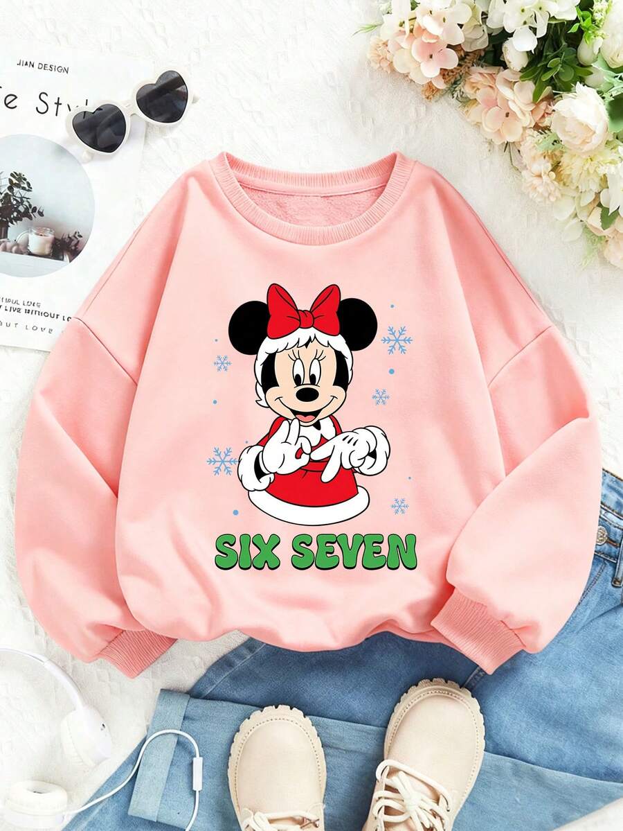 Disney Minnie Mouse 67th Anniversary Digital Print Fall/Winter Kids' Crewneck Sweatshirt Perfect For Girls' Everyday Play Long-Sleeve Top Ideal As A Christmas Gift - 粉色 - 查看 1