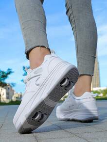 男女童四轮滑冰鞋，新款儿童轮滑鞋，PU皮革轻便耐用四季皆宜，时尚旋转扣可调节双轮隐形滑冰鞋，轮子可拆卸，二合一轮滑冰鞋/冰鞋，青少年轮滑鞋