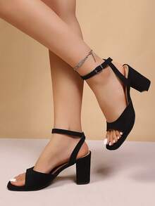 2025春夏新款性感黑色粗跟中跟凉鞋，法式露趾时尚百搭高跟鞋 - 黑色 - 查看 5