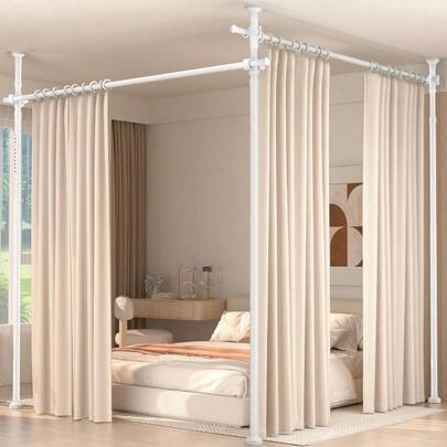 No-Drill Floor To Ceiling Room Divider Adjustable Tension Rod Partition For Bedroom Living Room Or Studio White L-Shaped Double Rod