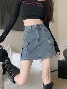 高腰休闲牛仔裙，带口袋、拉链和金属纽扣，适合日常穿着和居家穿着，四季皆宜。 - 藍色 - 查看 5