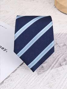 1pc 7cm Width Jacquard Woven Navy Blue Striped Business Necktie - Multicolor - View 2