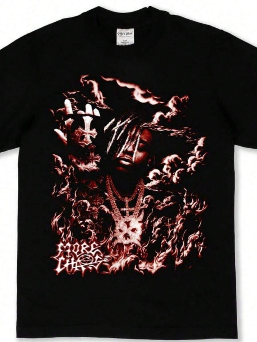 Ken Carson More ChaosGraphic T-Shirt Streetwear Rap Tee Hip Hop Artist Merchandise Dark Aesthetic Fl - 黑色 - 查看 1