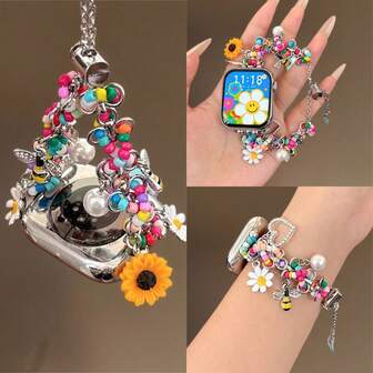 1pc New Fashionable Colorful Beaded Sunflower & Bee Bracelet Watch Band, Compatible With Apple Watch 40mm, 44mm, 38mm, 41mm, 42mm (S10), 42mm, 45mm (S10), 46mm, 49mm, Cute Dopamine Accessory Band, Compatible With Series 11 Ultra, 3, SE3 Ultra, 2, S10, SE2, 9, 8, 7, SE, 6, 5, 4, 3, 2, Great For Thanksgiving, Halloween, Christmas Gifts