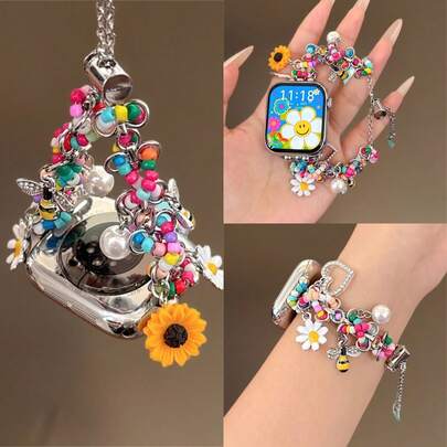 1 pieza Nuevo brazalete de reloj con cuentas de girasol y abeja de moda colorida, compatible con Apple Watch de 40mm, 44mm, 38mm, 41mm, 42mm (S10), 42mm, 45mm (S10), 46mm, 49mm, accesorio lindo de dopamina, compatible con Series 11 Ultra, 3, SE3 Ultra, 2, S10, SE2, 9, 8, 7, SE, 6, 5, 4, 3, 2, excelente para regalos de Acción de Gracias, Halloween, Navidad