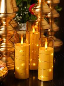 5pcs Set Of Flickering Flameless Candles With Star String Lights, Battery Operated Candles, Embedded LED Fairy Lights, Unbreakable Acrylic Candles With Remote Control, Suitable For Tabletop Centerpiece Decor For Christmas, Halloween, Wedding, Party, Holiday Atmosphere Lighting - Gold - View 4