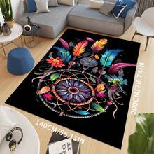 Covor vibrant inspirat de Dreamcatcher - Design colorat cu pene și flori, potrivit pentru decorul camerei de zi sau al dormitorului, covor decorativ estetic pentru casă cu model complex, covor pentru camera de zi