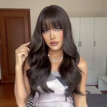 24 Inch Long Curly Wig, Brown With Bangs, Heat Resistant Synthetic Wig, Suitable For Women's Daily Wear, Parties, And Girls' Gift Wig - Brown - View 4