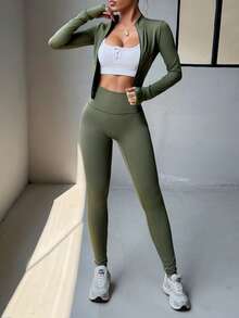 Aoqta Sports 女士两件套春夏休闲户外运动纯色瑜伽服，拉链长袖上衣搭配修身长裤，跑步健身套装，适合户外健身、普拉提、跑步等运动。 - 軍綠色 - 查看 6