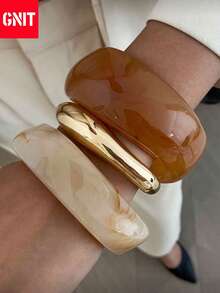 GNIT 1 buah/3 buah/Set Gelang Resin Lebar Asimetris Retro Bohemian, Perhiasan Mewah untuk Sehari-hari & Pesta, Hadiah untuk Wanita (Sedikit Ketidaksempurnaan dan Variasi Warna pada Gelang Resin Adalah Normal). Elemen Pola Geometris, Tekstur Teratur, Lekukan Halus. - Ladder Brown + Water Drop Gold + Twisted Rice - View 8