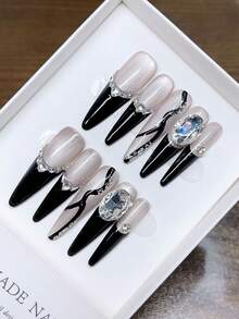 Pure Handmade Wearable Nails With Thin High Heels, Hand-Painted French Nails With Inlaid Diamonds For Autumn And Winter, Y2K, Minimalist Nails, Full Coverage Fake Nails, Y2K Nails, Embossed Nails, Unique And Niche Creative Fake Nails, Daily Nails, Daily Use.