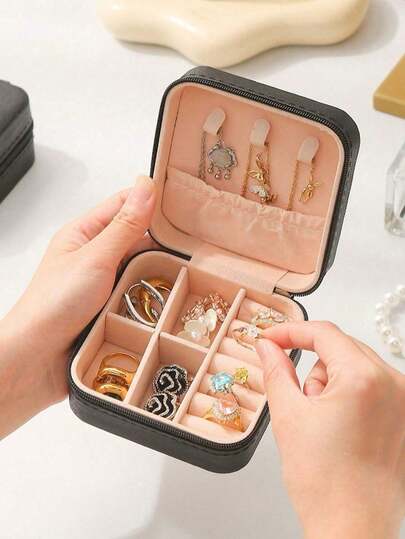 1 pieza Organizador de joyas para viaje, Organizador de joyas de PU, Organizador de viaje conveniente, Organizador de cosméticos, Accesorio de almacenamiento de viaje, Caja de joyas compacta, Contenedor de almacenamiento de joyas, Organizador de joyas, Pendientes, Collar, Anillo Caja de almacenamiento, Esencial de viaje, Organizador de viaje, Regalo de vacaciones, Regalo para mujeres.