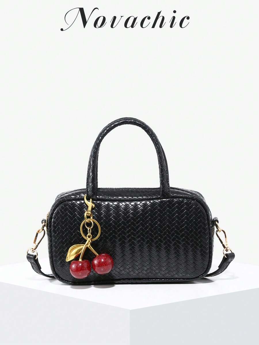Novachic, 1 chiếc, Thời trang Thu Đông mới, Chất liệu dệt cổ điển, Túi xách nữ, Túi đeo vai, Trang trí mặt dây chuyền hình quả anh đào dễ thương, Túi vuông, Túi xách tay, Phong cách retro, Phù hợp cho nhiều dịp - màu đen - Xem 1