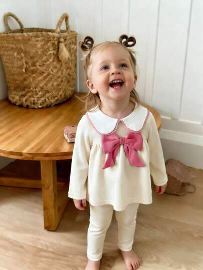 2pcs/Set Toddler Baby Girls' Cute 3D Bowknot Peter Pan Collar Sweatshirt And Leggings, Spring/Autumn