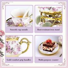 20 Pcs Porcelain Tea Set With Metal Holder, Adult Tea Set Gift, European Ceramic Tea Set For Adults, Flower Tea Cup Saucer Set For Spring Outing & Easter Party With Gold Flower Painting - Purple - View 10